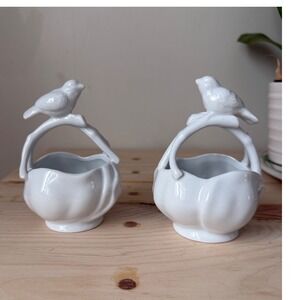 Paris Royal White Porcelain Bird Basket Bowls Set of 2 Nut Trinket Ring Dishes